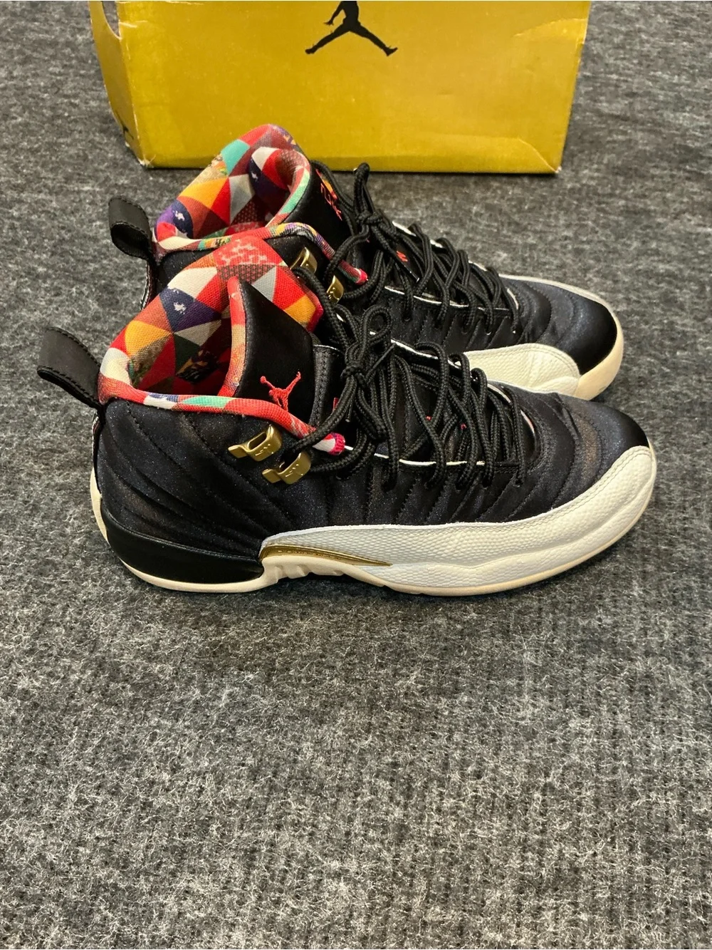 Jordan Youth Shoes with Red, Purple, Brown, Green & White Geometric Lining